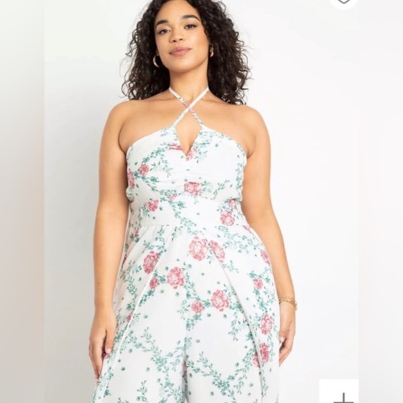Eloquii|White chiffon floral halter jumpsuit with wide leg, open leg detail•••22 - Picture 5 of 17